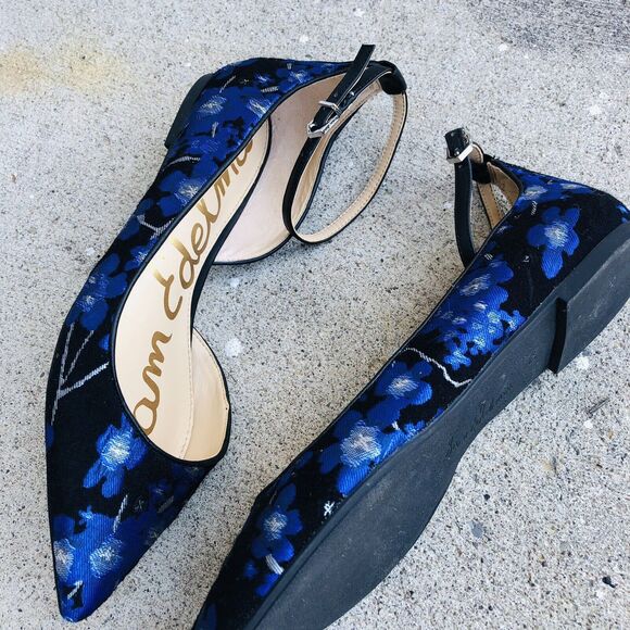 Sam Edelman Radley Floral Jacquard Ankle Strap Flats Blue Size 8.5 - Picture 6 of 14